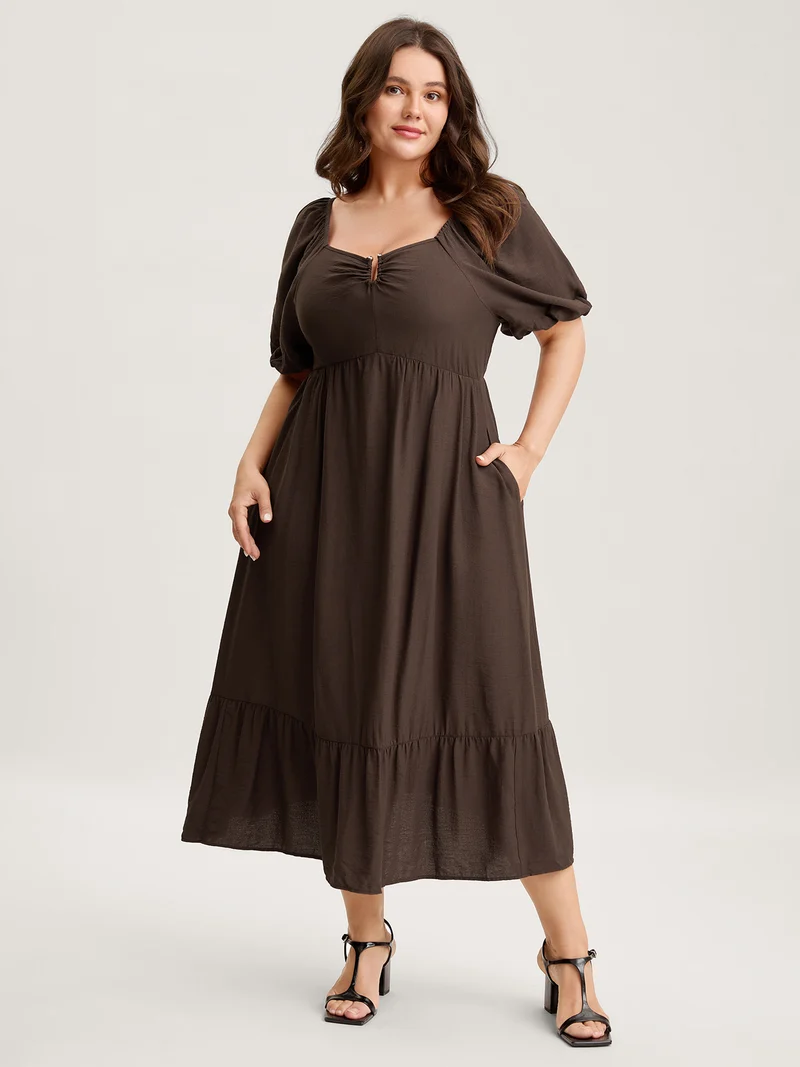 Sweetheart U-Buckle Pockets Tiered Midi Dress