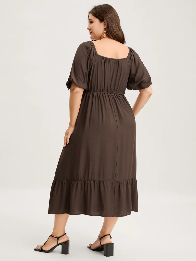 Sweetheart U-Buckle Pockets Tiered Midi Dress