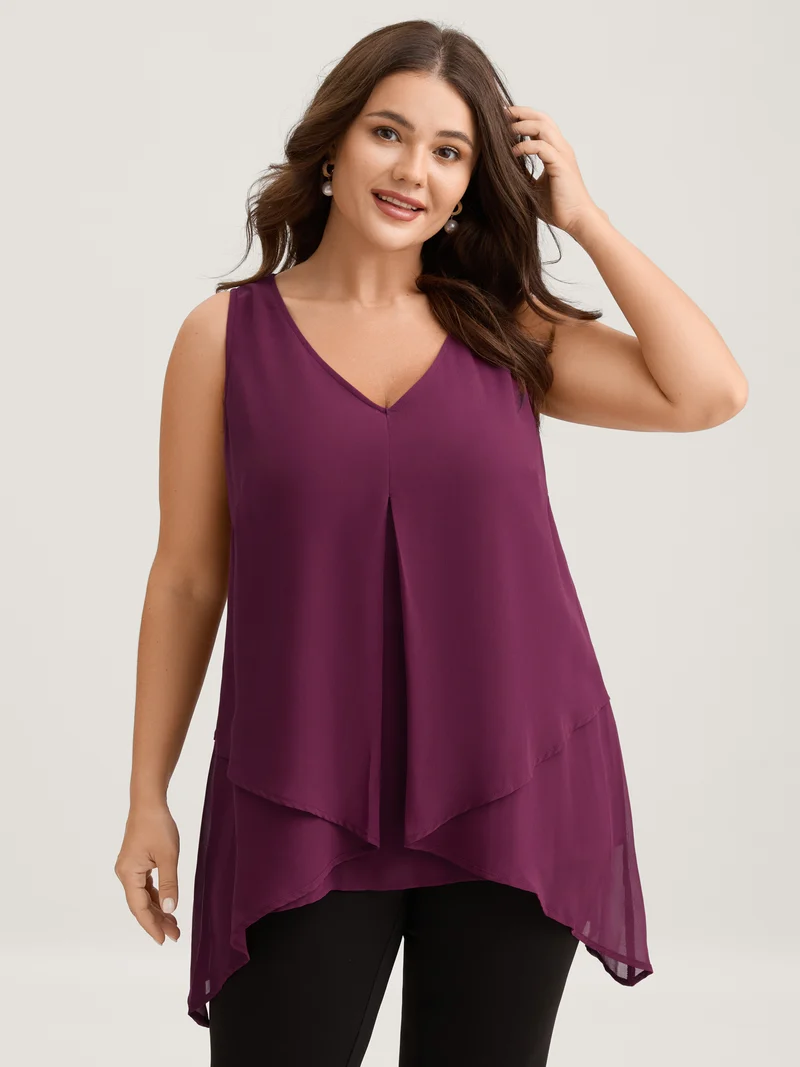 Chiffon Overlap Hem V-Neck Tank Top