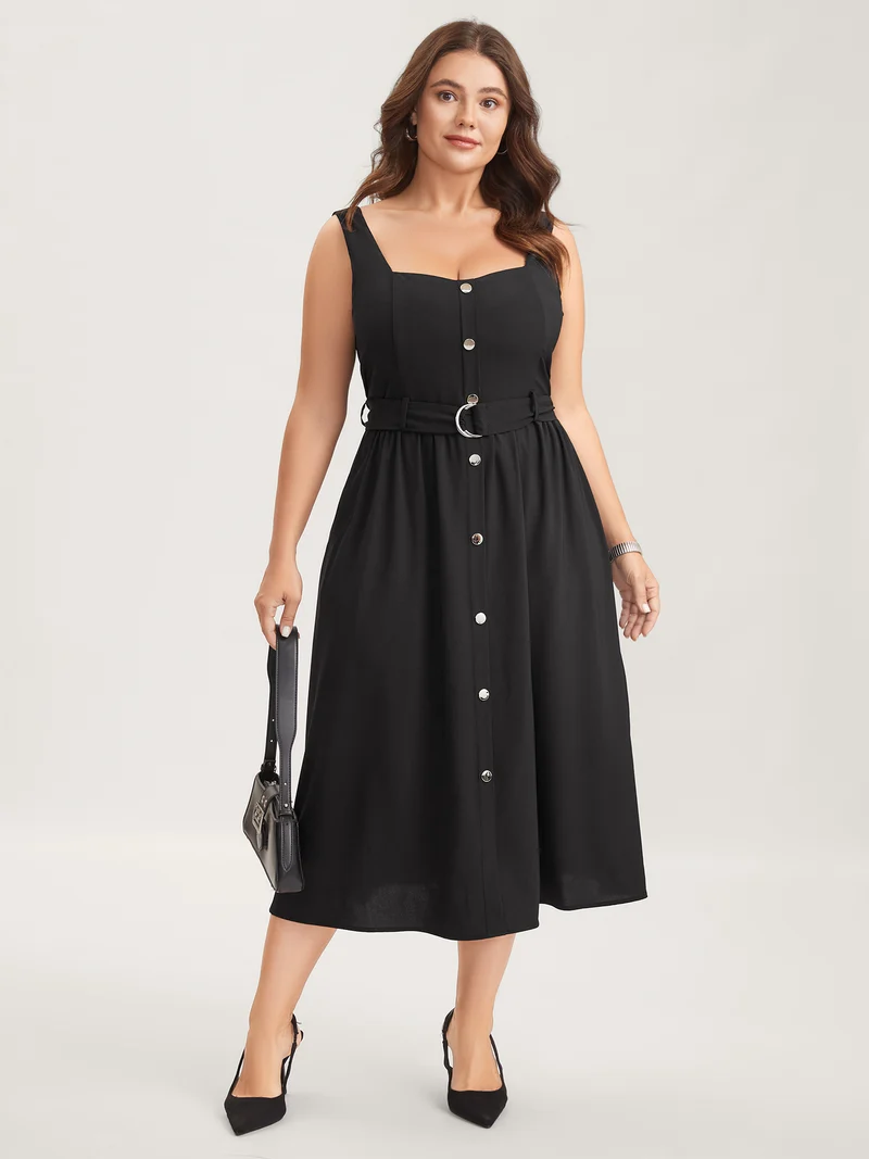 Metal Buckle Button Front Midi Dress