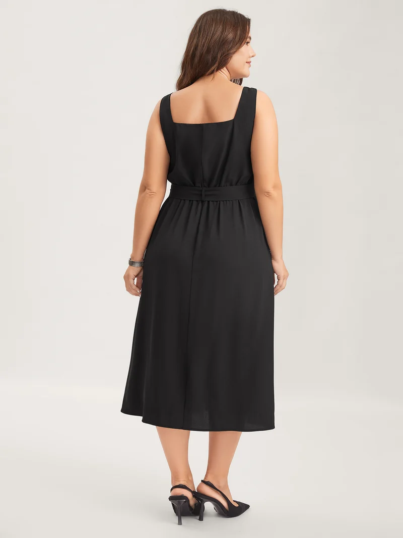 Metal Buckle Button Front Midi Dress