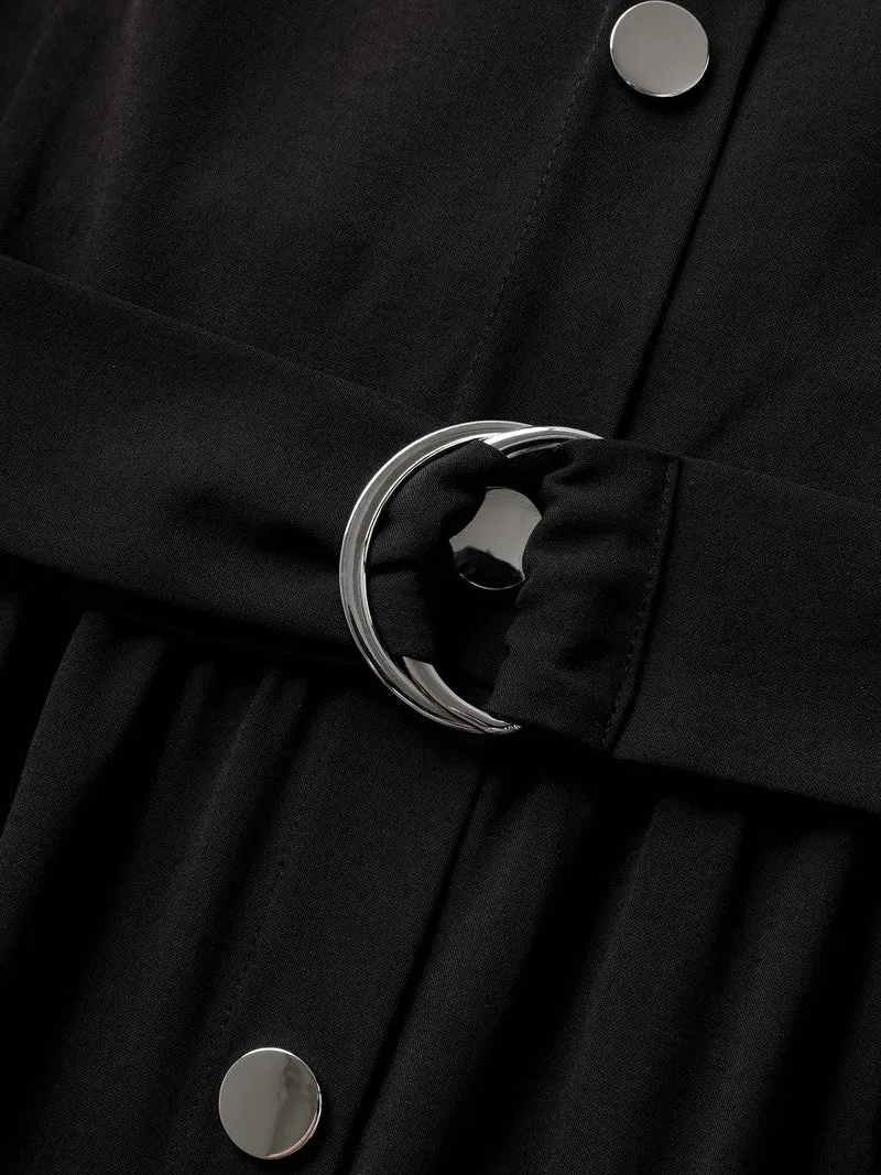Metal Buckle Button Front Midi Dress