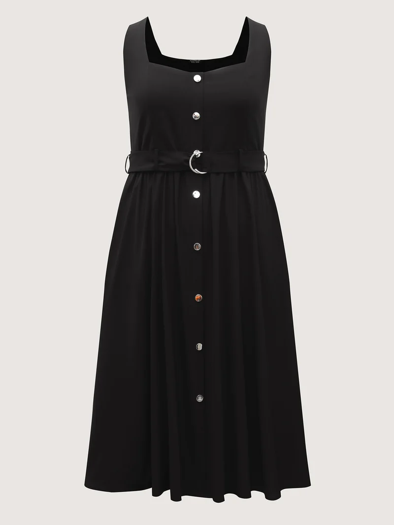 Metal Buckle Button Front Midi Dress
