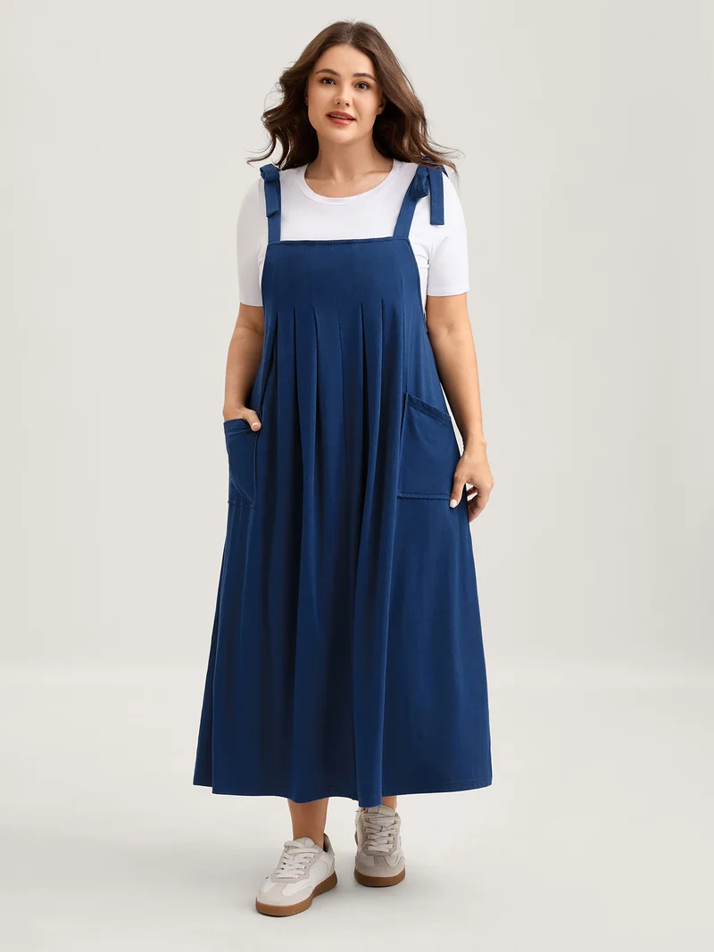 Shoulder Ties Pleated Flowy Pockets Dress