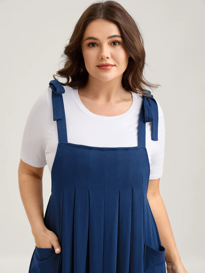 Shoulder Ties Pleated Flowy Pockets Dress