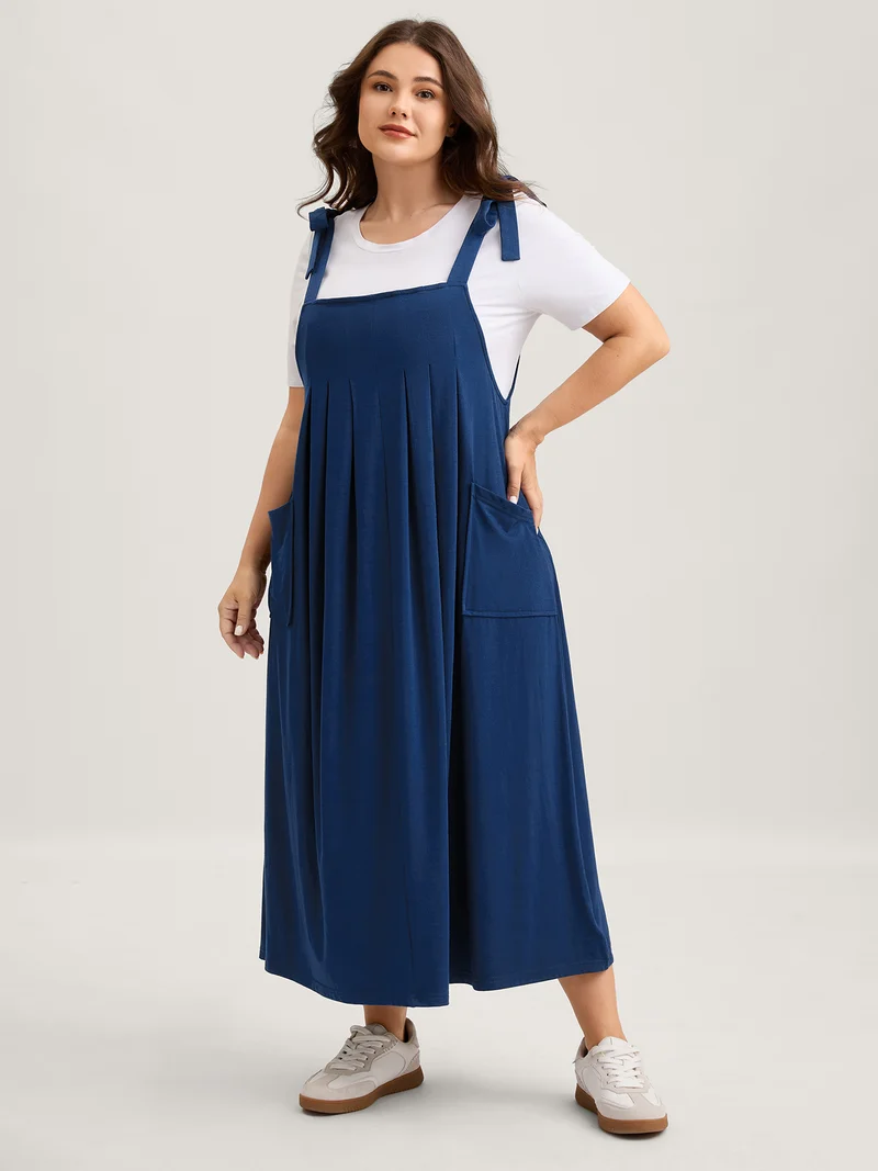 Shoulder Ties Pleated Flowy Pockets Dress