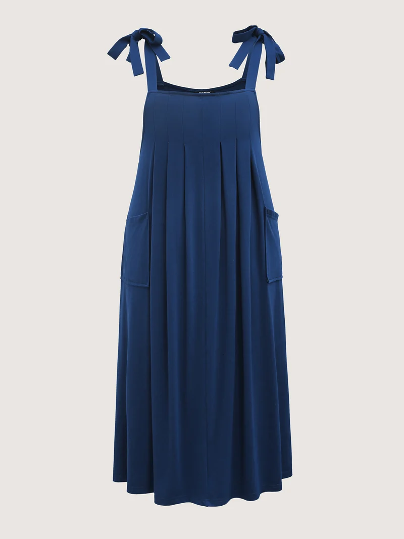 Shoulder Ties Pleated Flowy Pockets Dress