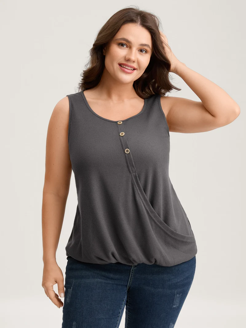 Waffle Bubble Hem Buttons Tank Top