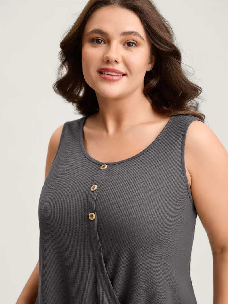 Waffle Bubble Hem Buttons Tank Top