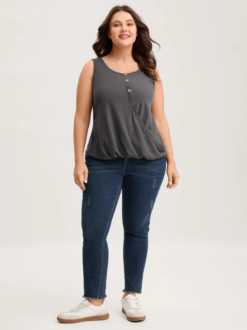 Waffle Bubble Hem Buttons Tank Top