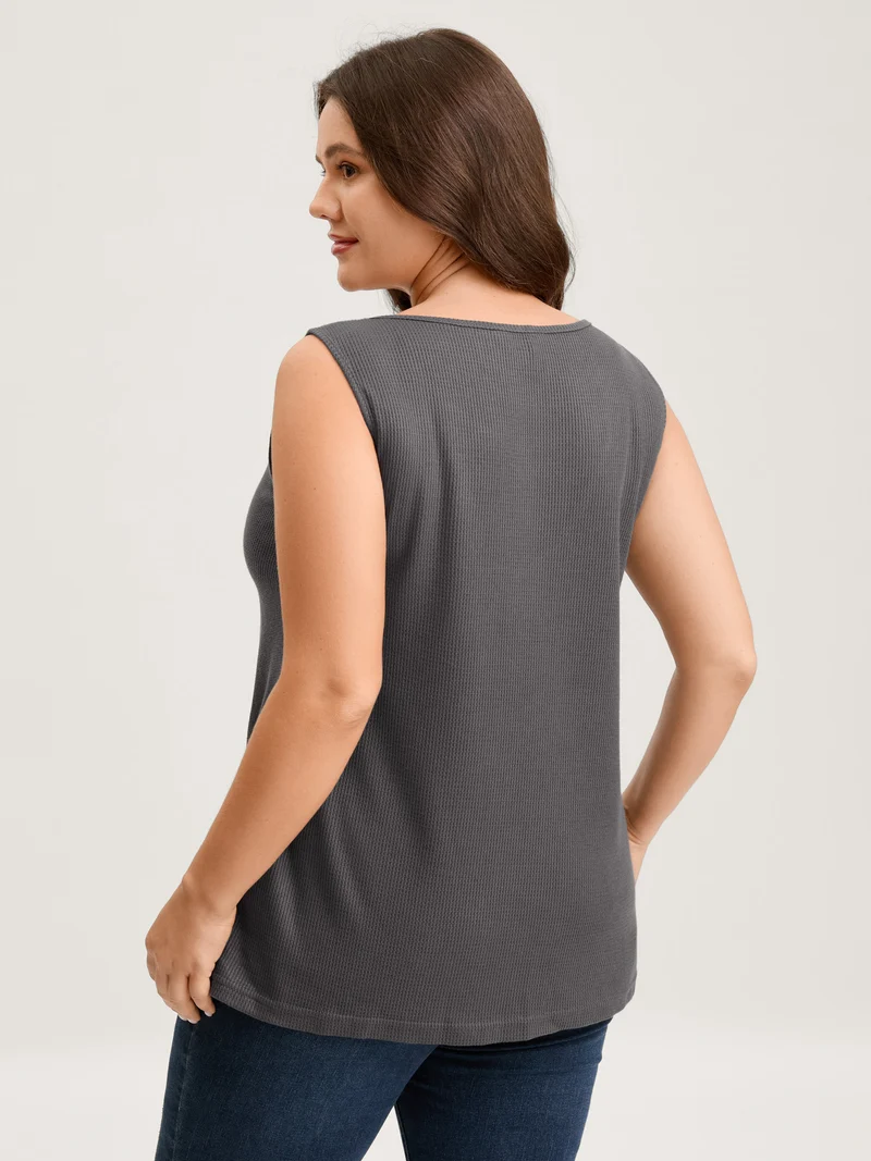 Waffle Bubble Hem Buttons Tank Top