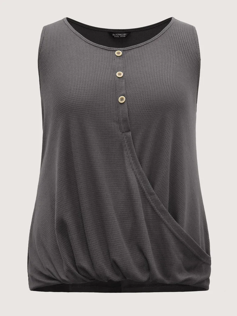 Waffle Bubble Hem Buttons Tank Top