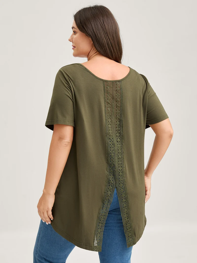 Split Lace Back Solid T-Shirt