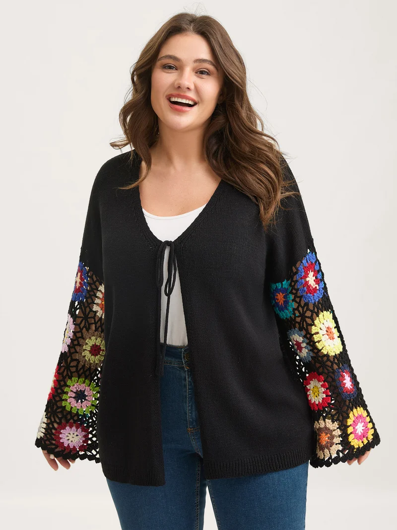 Crochet Floral Tie Cut-Out Cardigan