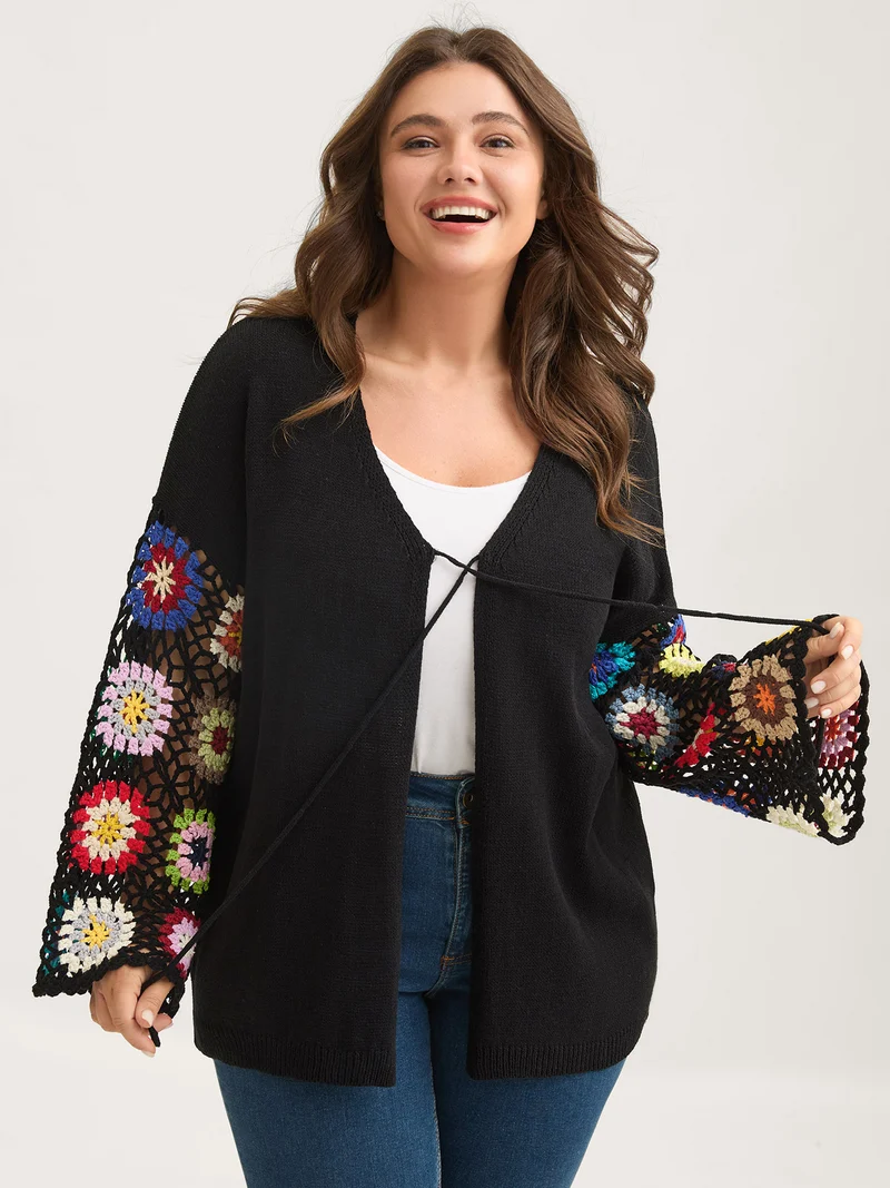 Crochet Floral Tie Cut-Out Cardigan