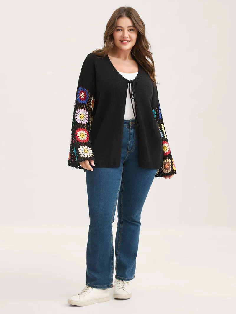 Crochet Floral Tie Cut-Out Cardigan