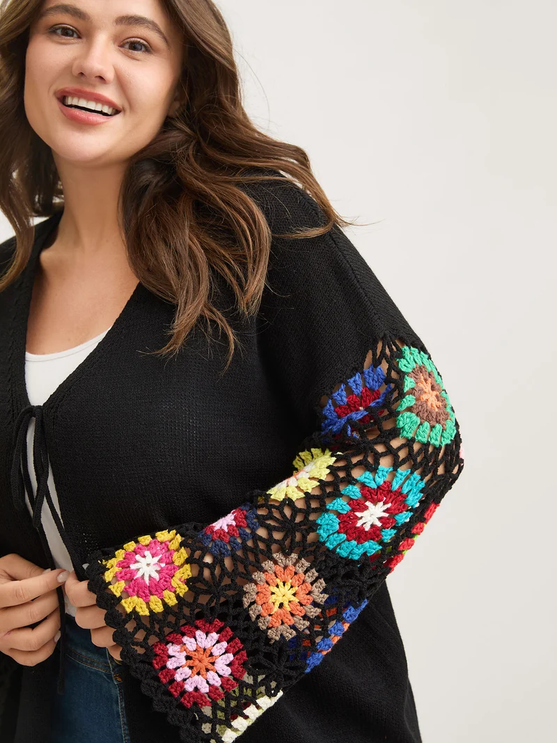 Crochet Floral Tie Cut-Out Cardigan