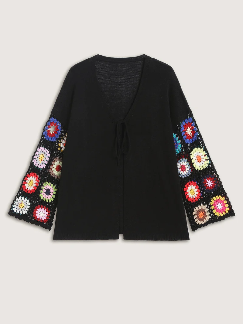 Crochet Floral Tie Cut-Out Cardigan