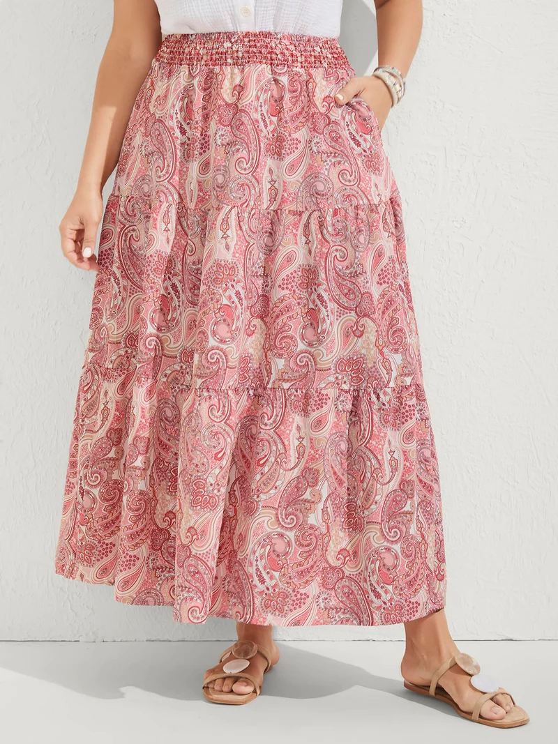 Paisley Print Shirred Waist Midi Skirt