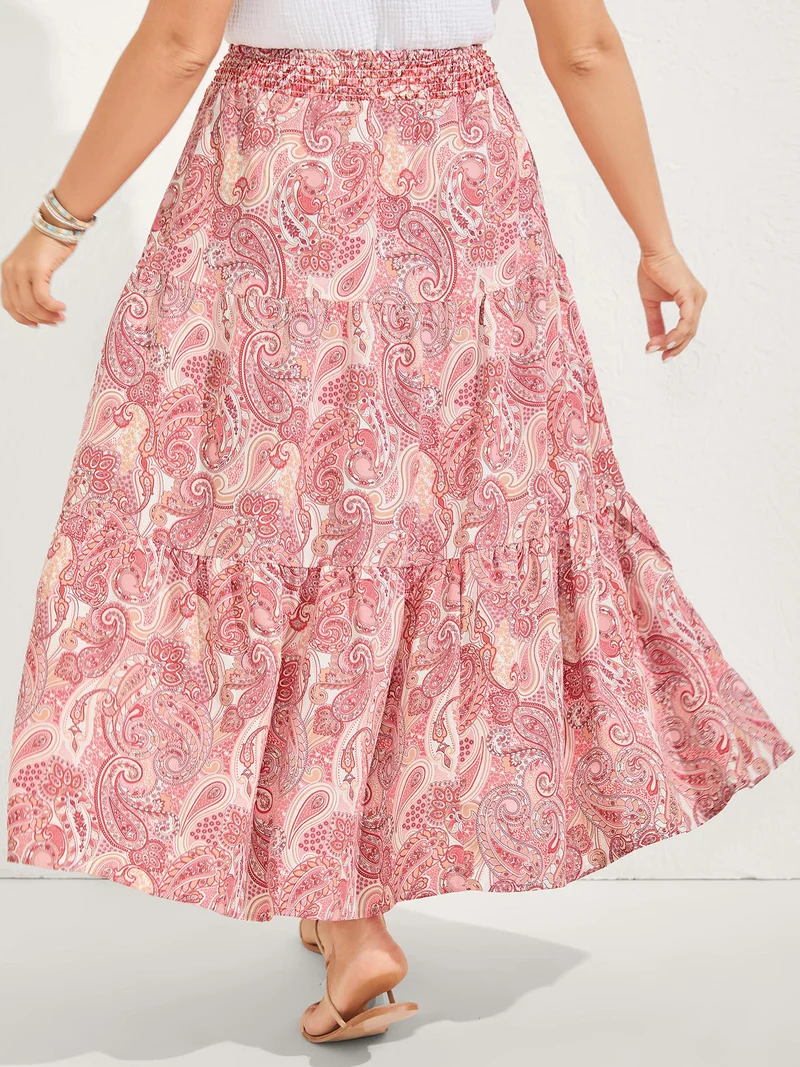 Paisley Print Shirred Waist Midi Skirt