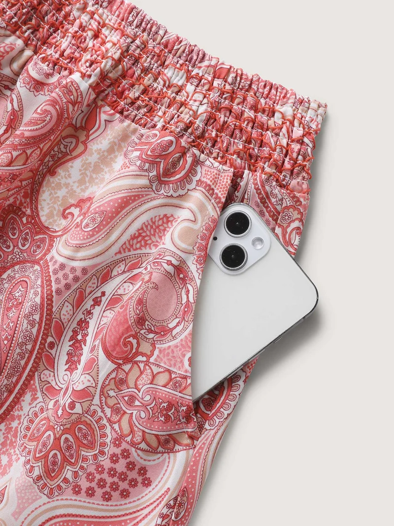 Paisley Print Shirred Waist Midi Skirt