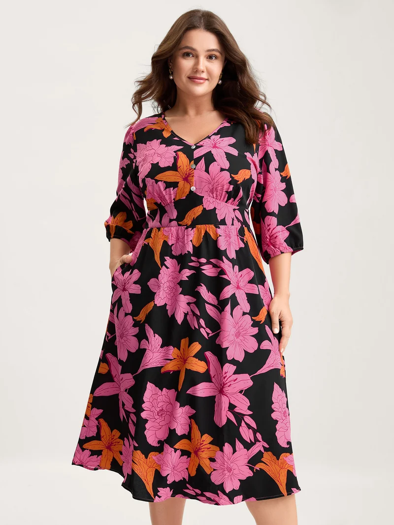Large Floral Print Shirred Pockets Midi Dress