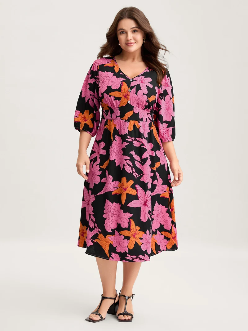 Large Floral Print Shirred Pockets Midi Dress