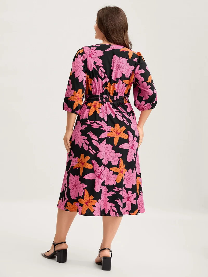 Large Floral Print Shirred Pockets Midi Dress