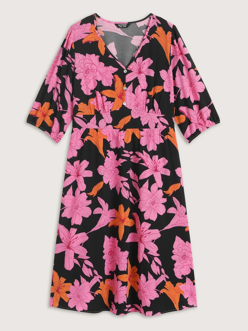Large Floral Print Shirred Pockets Midi Dress