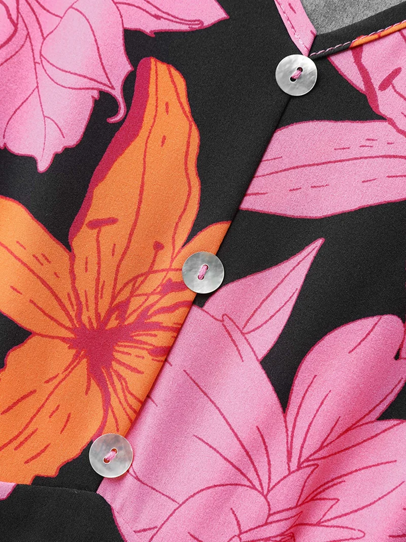 Large Floral Print Shirred Pockets Midi Dress