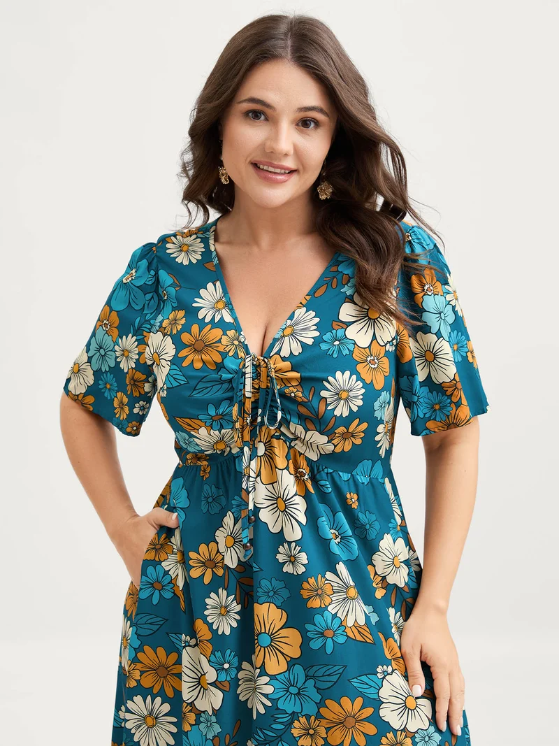Floral Drawstring Bodice Side Slit Midi Dress
