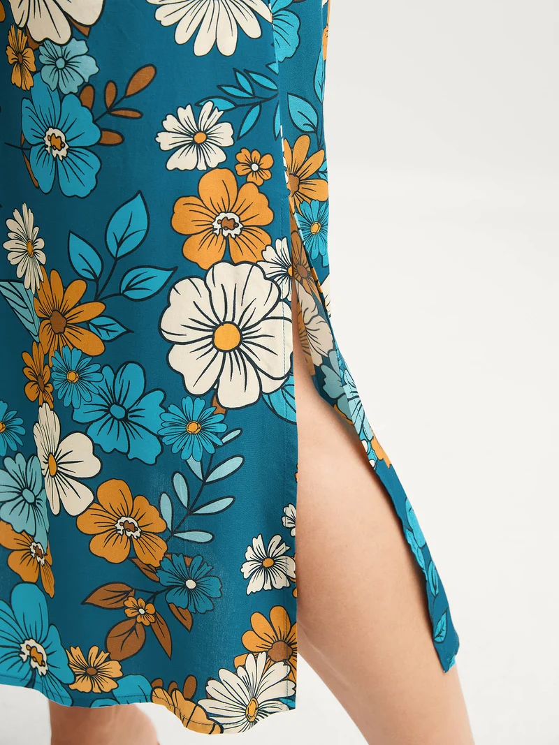 Floral Drawstring Bodice Side Slit Midi Dress