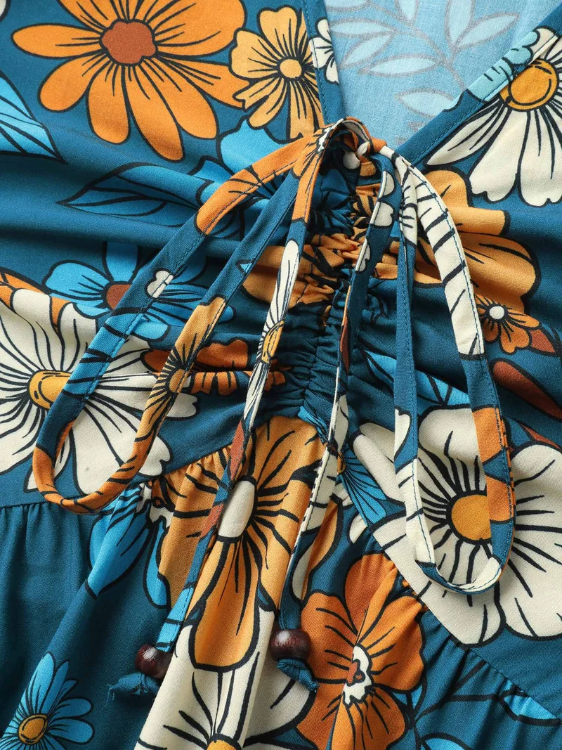 Floral Drawstring Bodice Side Slit Midi Dress