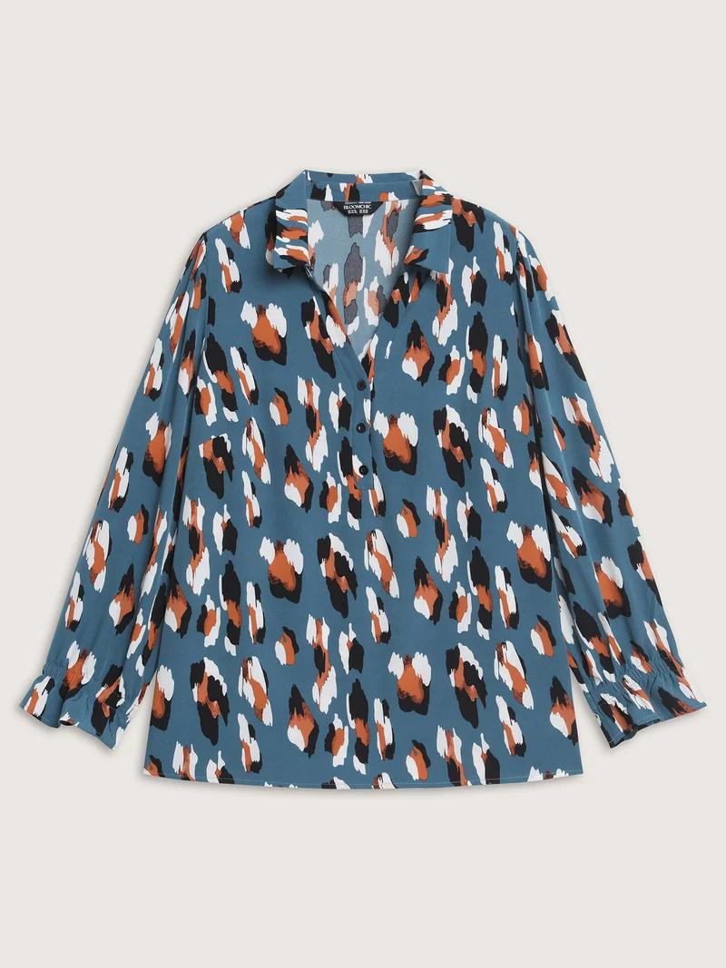 Colorful Leopard Stretchy Cuffs Lapel Collar Blouse