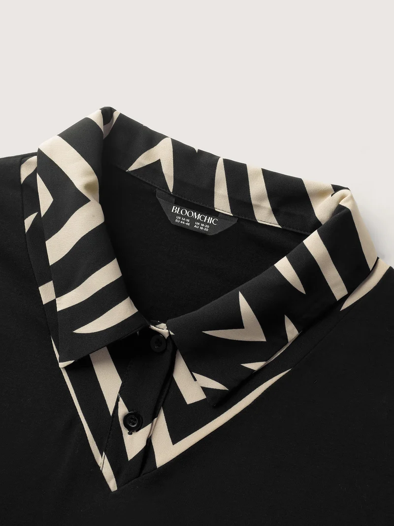 Geometric Print Mixed Material Knit Top