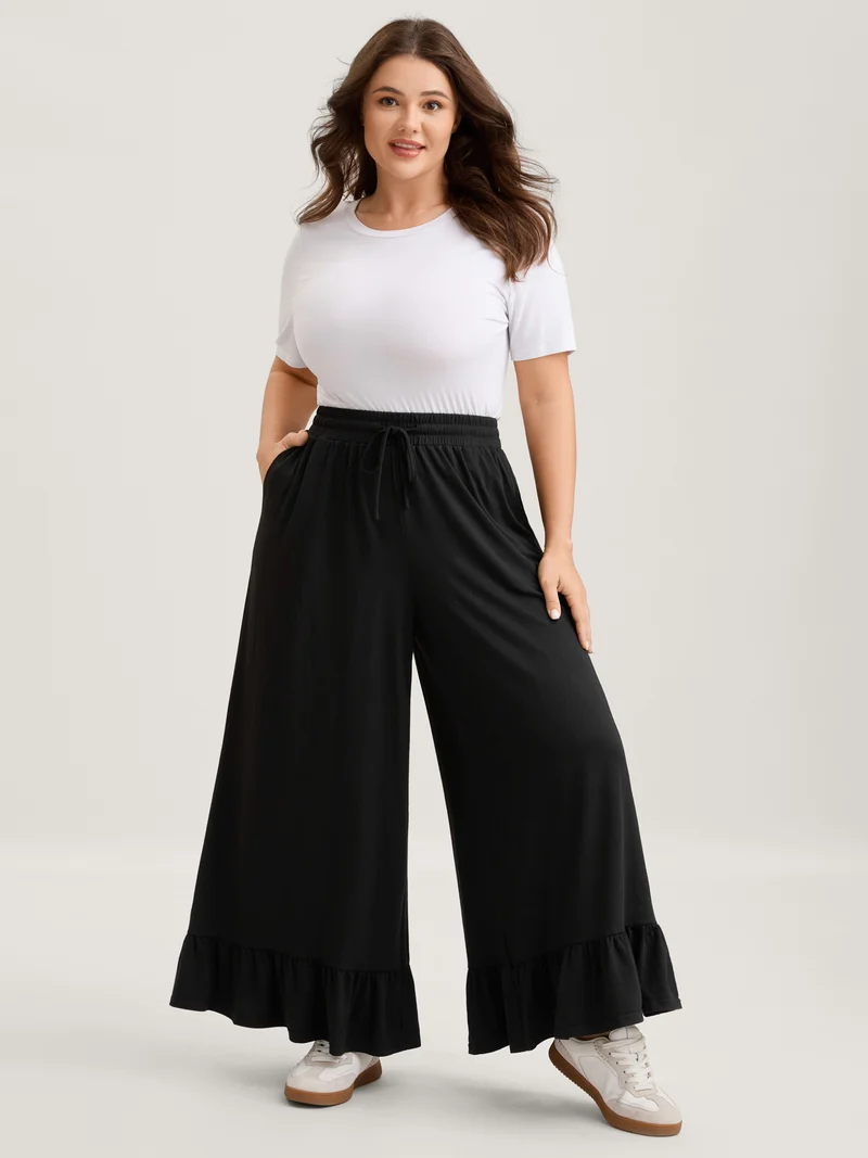 Ruffled Hem Stretchy Wide-Leg Pants