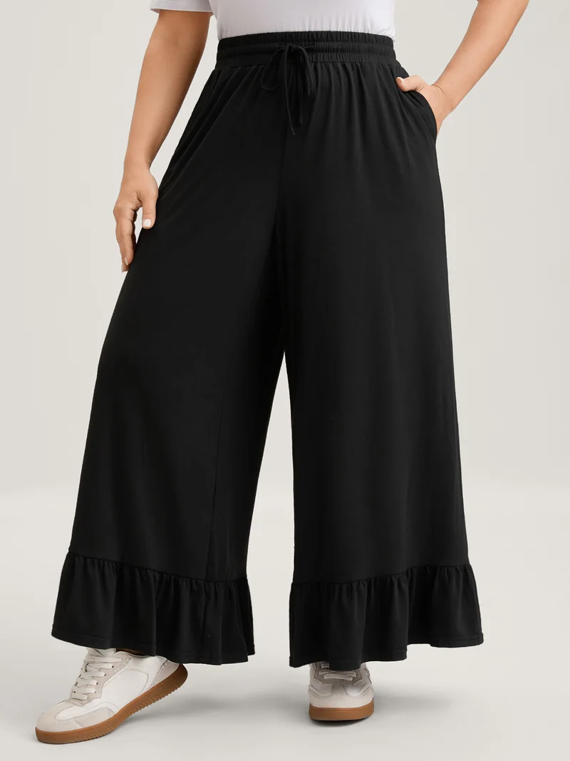 Ruffled Hem Stretchy Wide-Leg Pants