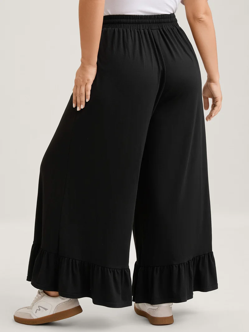 Ruffled Hem Stretchy Wide-Leg Pants