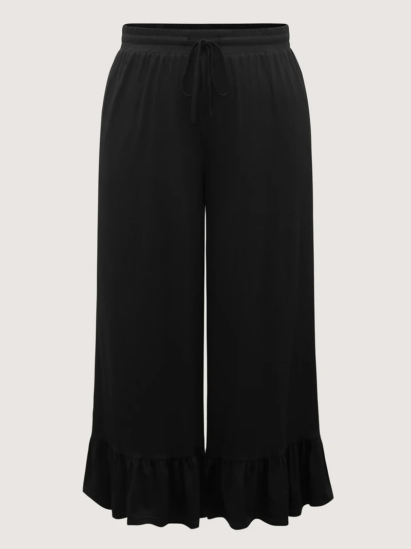 Ruffled Hem Stretchy Wide-Leg Pants