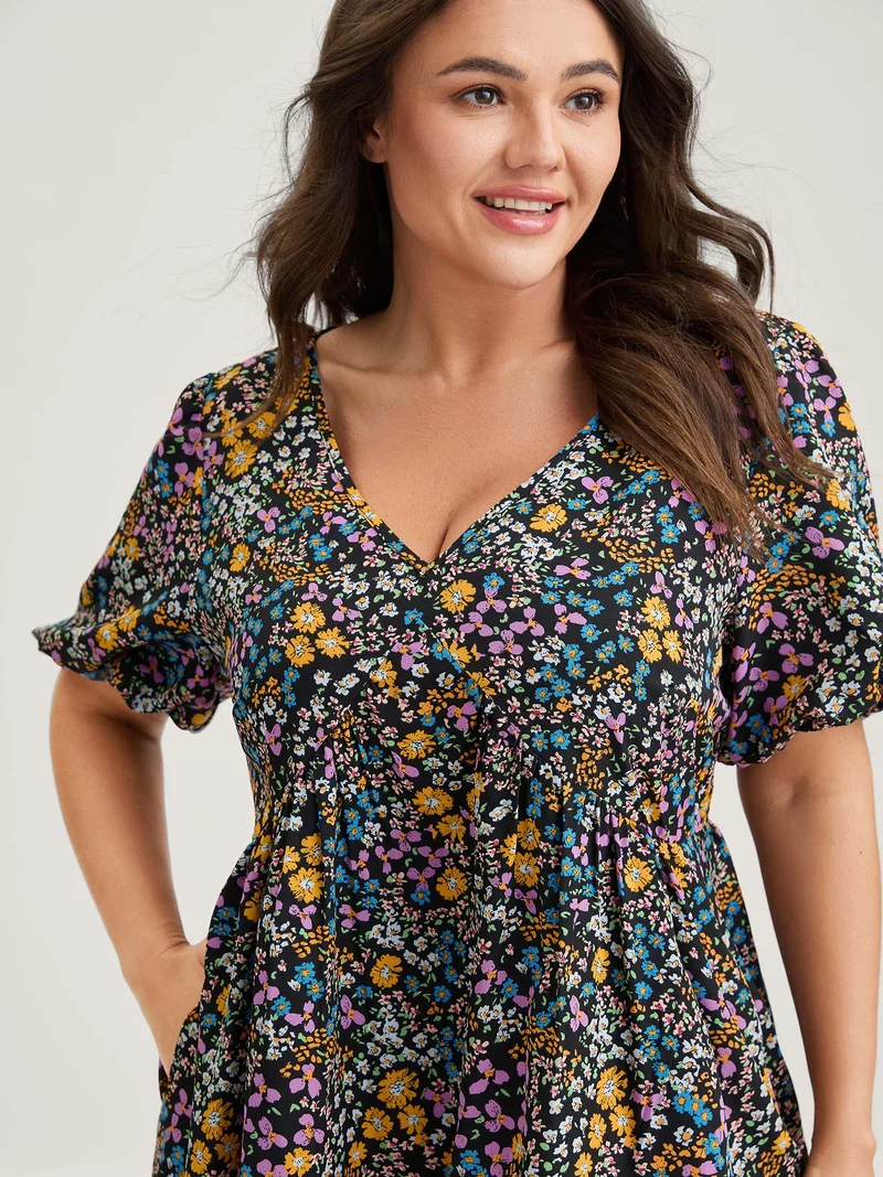 Floral Print Deep V-Neck Midi Dress