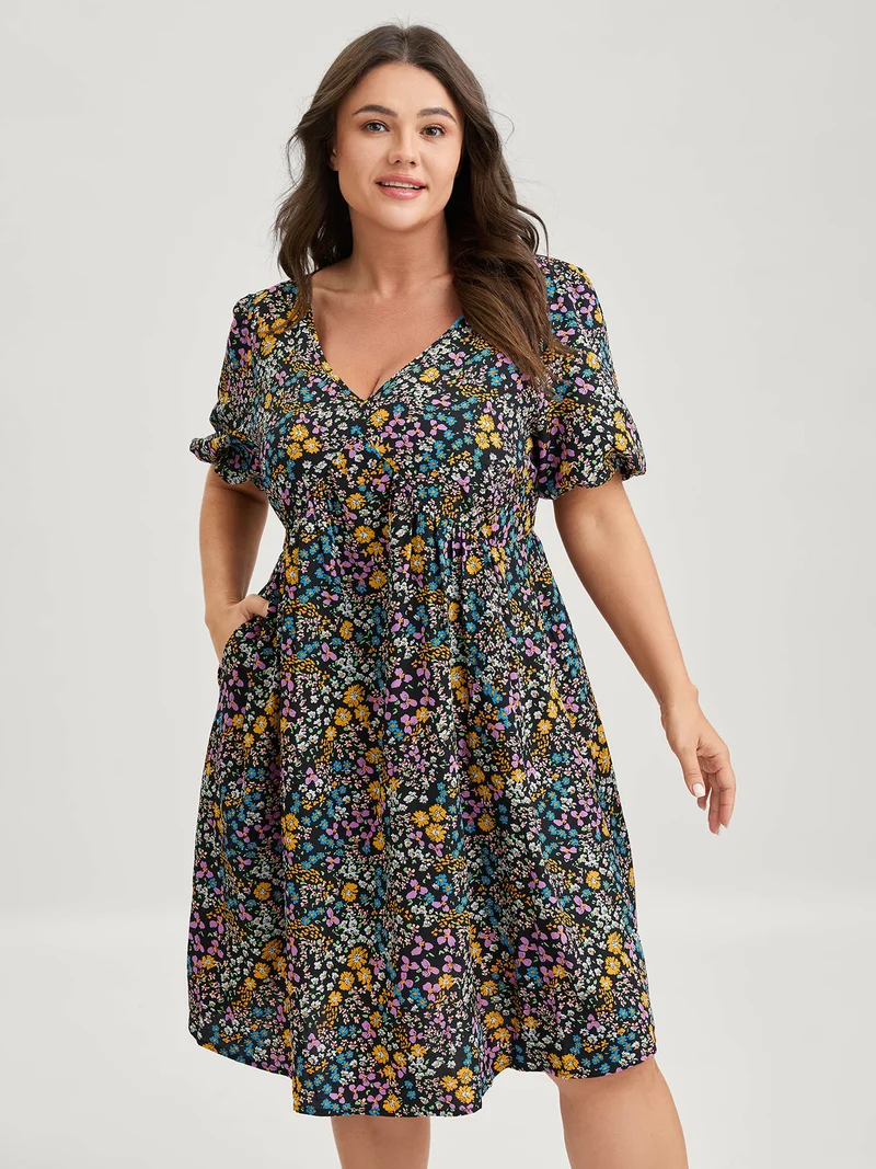 Floral Print Deep V-Neck Midi Dress