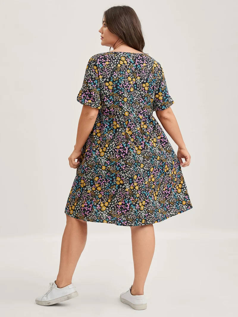 Floral Print Deep V-Neck Midi Dress