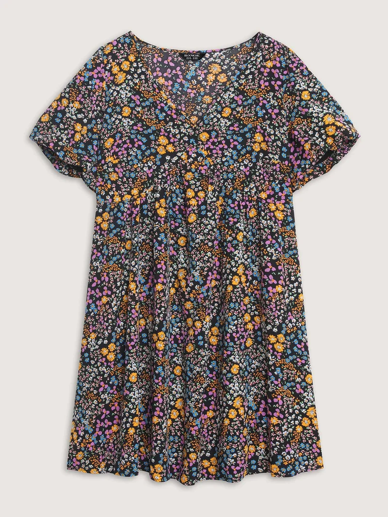 Floral Print Deep V-Neck Midi Dress