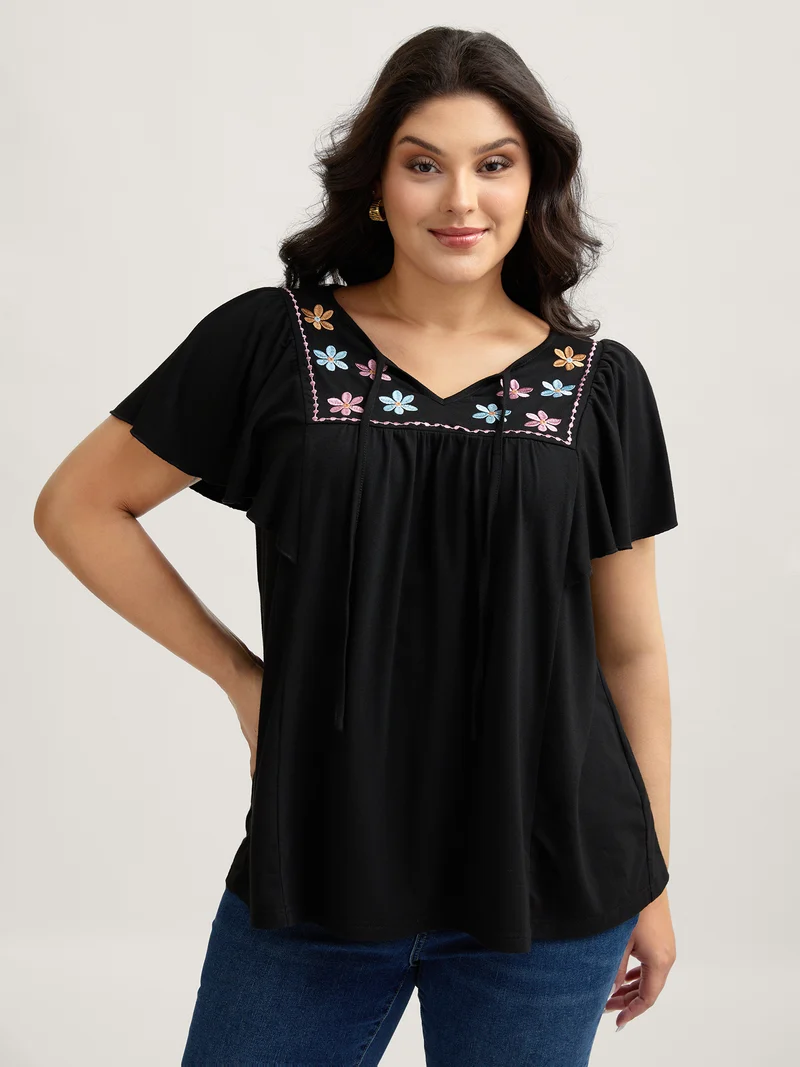 Floral Neck Embroidery Flowy T-Shirt