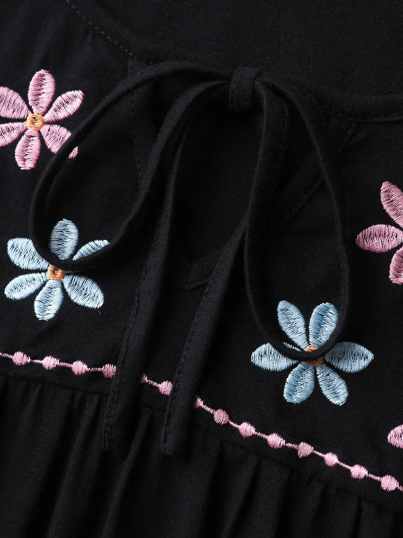 Floral Neck Embroidery Flowy T-Shirt
