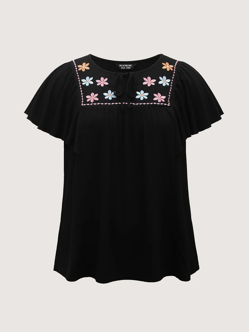 Floral Neck Embroidery Flowy T-Shirt
