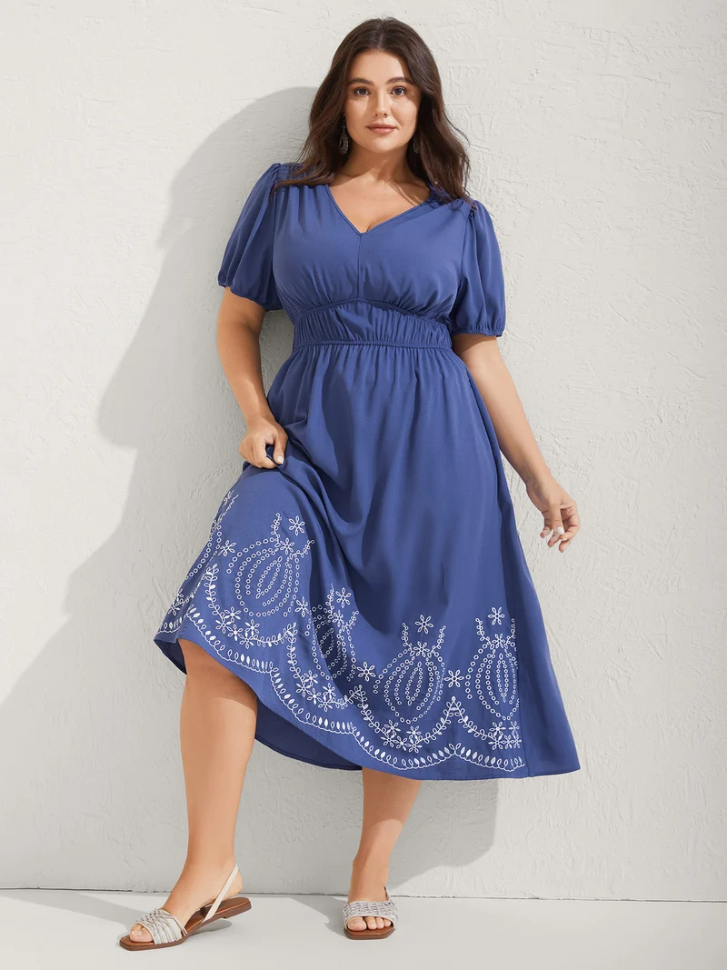 Embroidered Hem Stretchy Waist Midi Dress