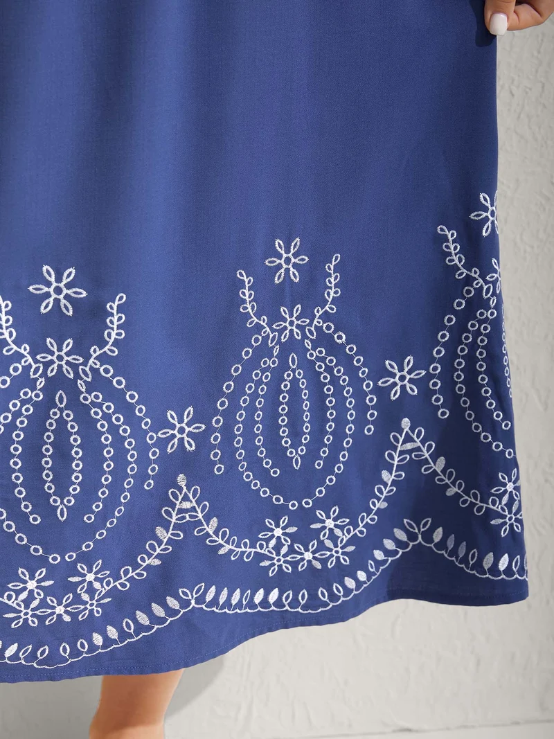 Embroidered Hem Stretchy Waist Midi Dress