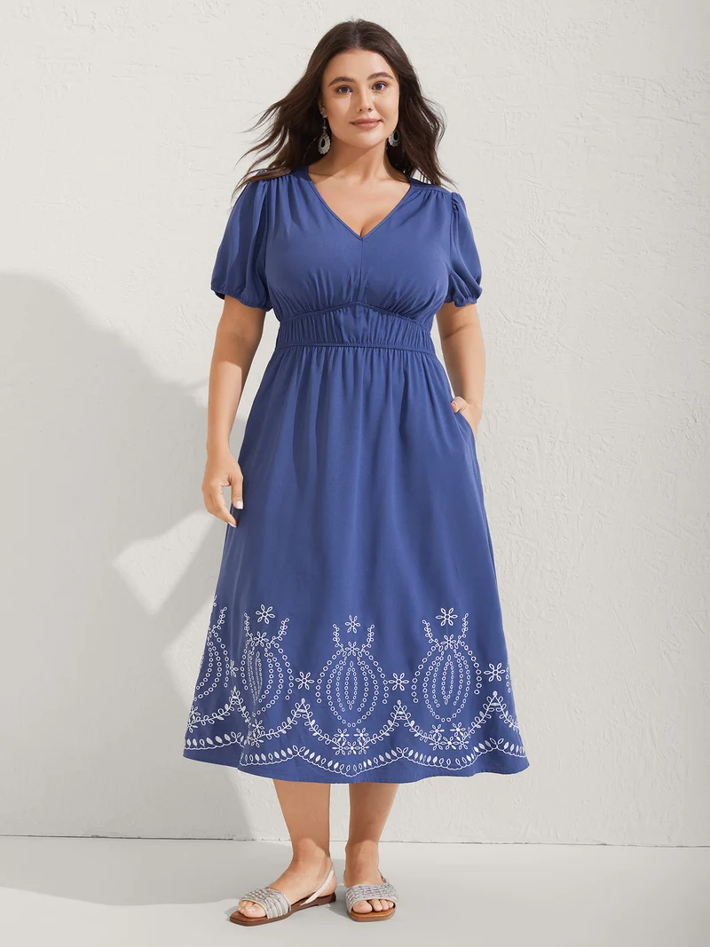 Embroidered Hem Stretchy Waist Midi Dress