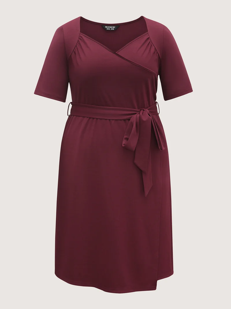 Stretchy Overlap Bodice Pockets Knit Midi Dress